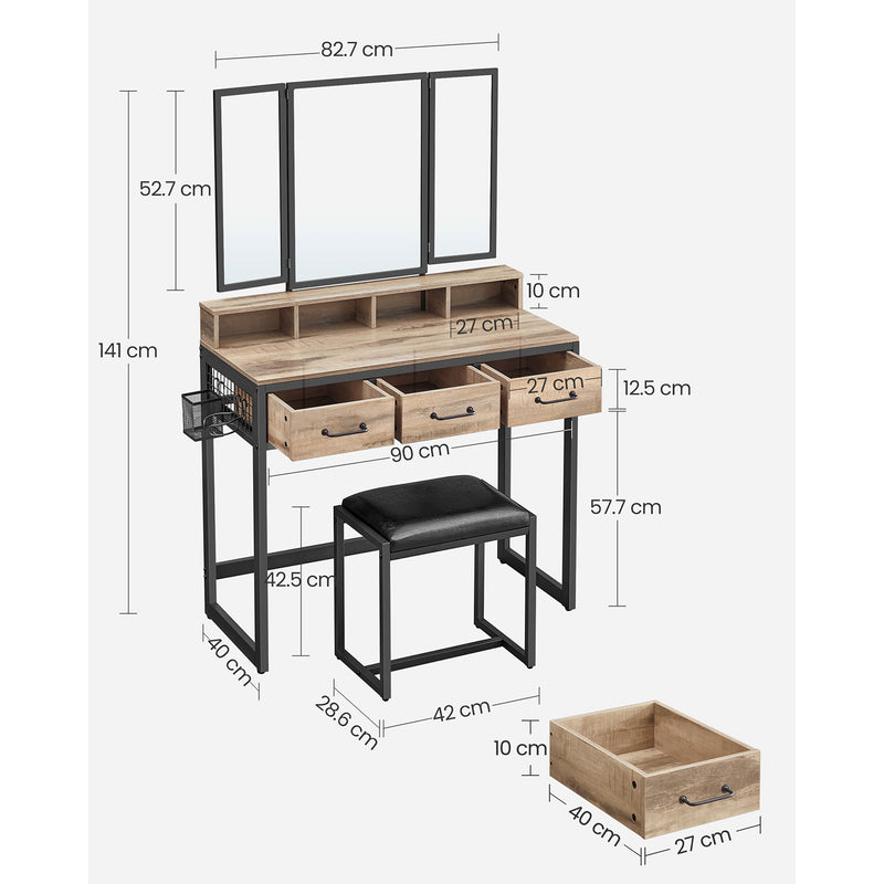 Make -up Table - Dressing Table - Tabel cosmetic - 3 sertare - cu oglindă și scaun - negru maro