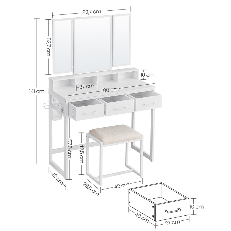 Table de mate-up - Dresseur - Table cosmétique - 3 tiroirs - avec miroir et tabouret - blanc