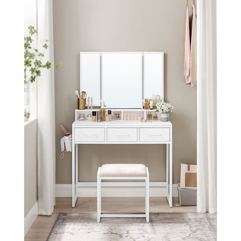 Table de mate-up - Dresseur - Table cosmétique - 3 tiroirs - avec miroir et tabouret - blanc