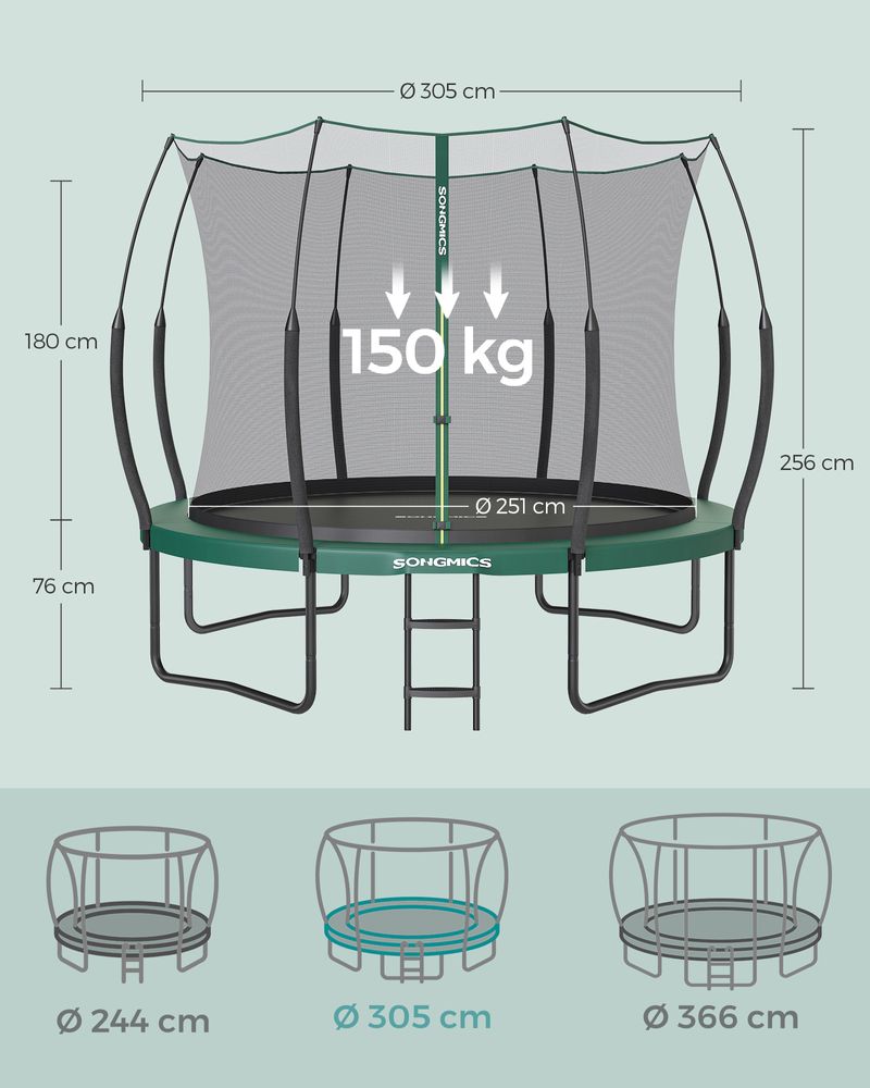 Trampoline - Met vangnet en trap - Ø305 - Zonder veren - Groen