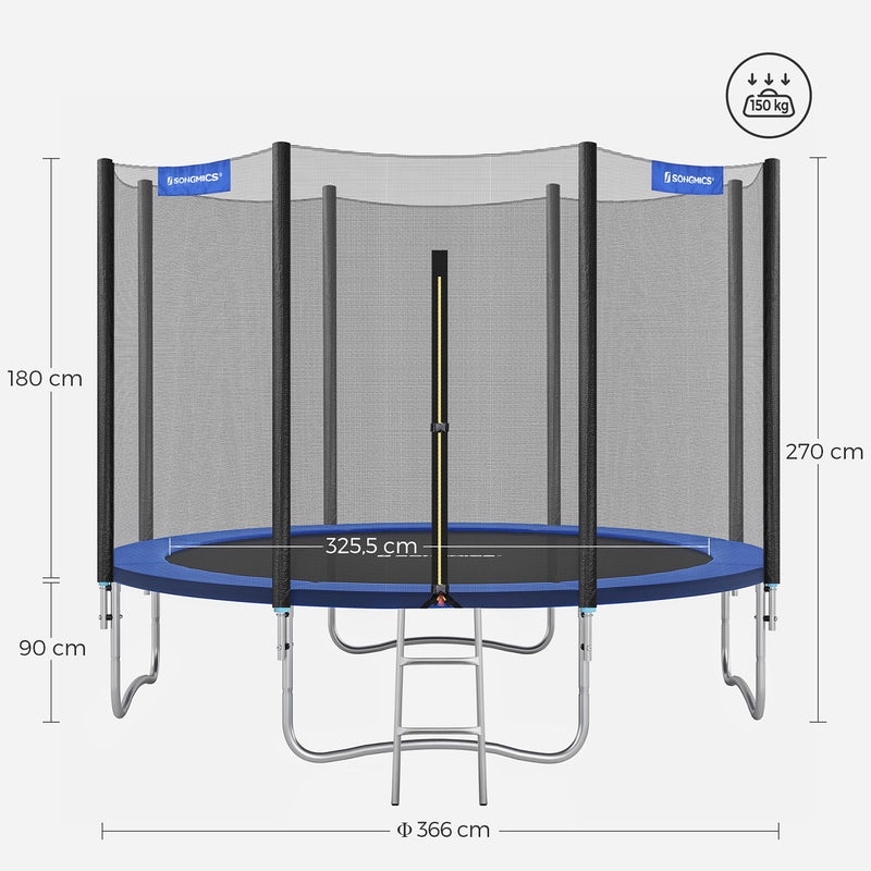 Trampolin - ekstra stor - 366 cm - med sikkerhedsnet - med trapper - blå