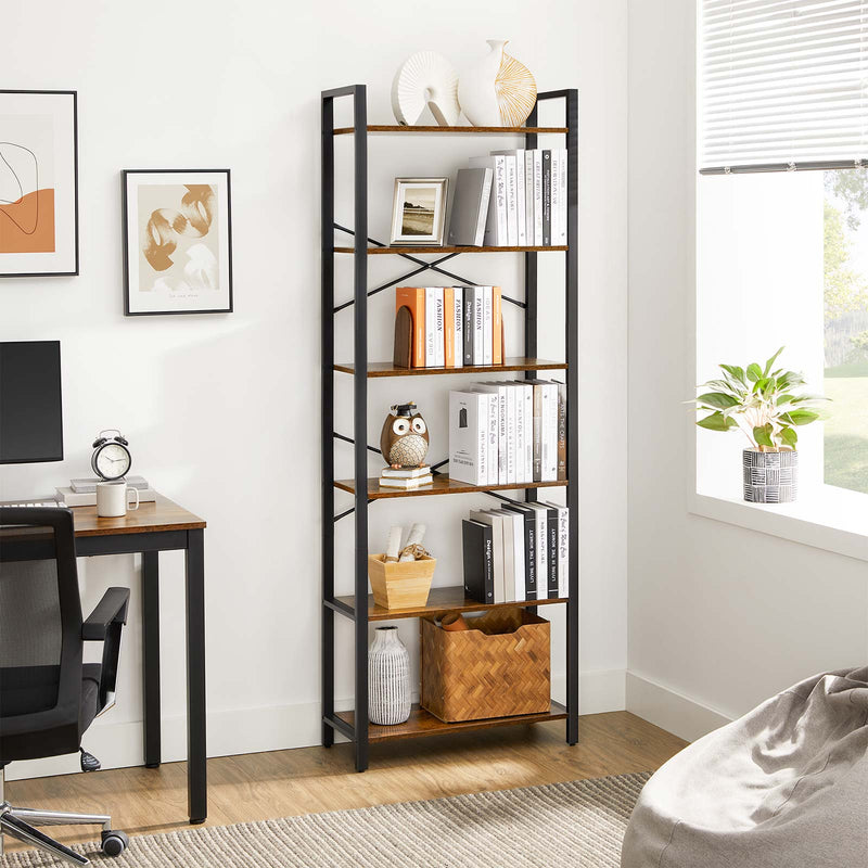 Armoire de salon - Rack de livres - avec 6 niveaux - cadre en métal - marron