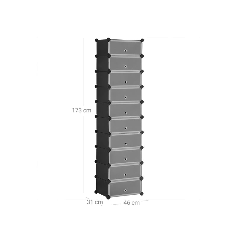 Rack à chaussures - Rack de rangement - Plastique - Rectangulaire - système d'étagère avec 10 compartiments - noir