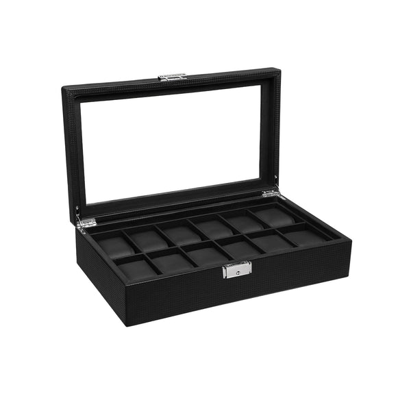 Watchbox - cu 12 compartimente - cutie mare de ceas - cu capac de sticlă - negru