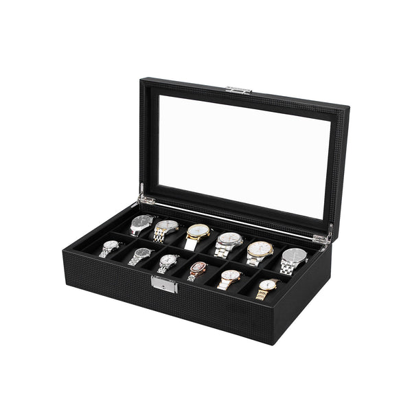 Watchbox - med 12 rum - stor urboks - med glaslåg - sort