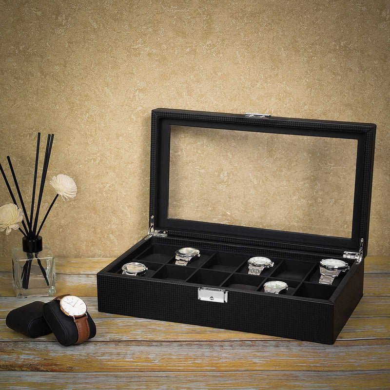 Watchbox - avec 12 compartiments - grande boîte de montre - avec couvercle en verre - noir