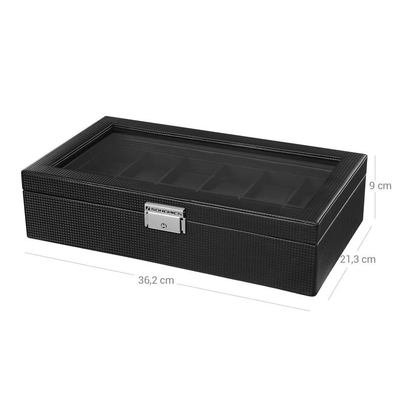 Watchbox - cu 12 compartimente - cutie mare de ceas - cu capac de sticlă - negru