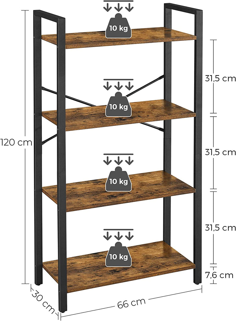 Bogreol - med 4 niveauer - opbevaringsstativ - stålramme - højde 120 cm - brun -sort