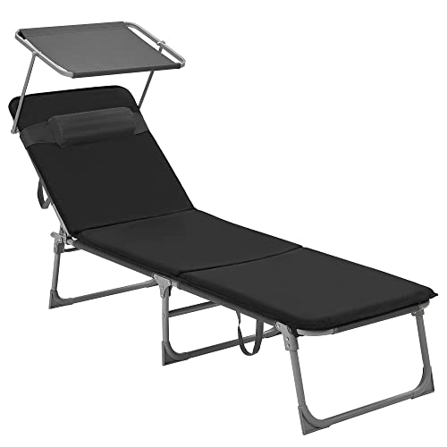 Ligbed - Ligstoel - Loungebed - Strandbed - Met kussen - Met zonnescherm - Zwart