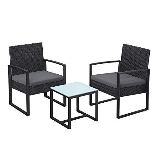 Mobilier de balcon - set de lounge - set de mobilier de grădină - set de 3 - 2 scaune - masă de sticlă - negru