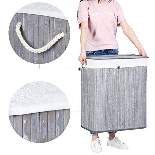 Panier à linge - Bamboo - panier - avec poignées et couvercle - sac à linge amovible - 100 L - Gray