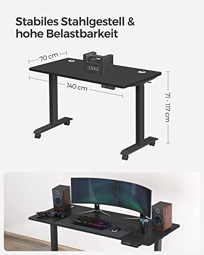 Hoogteverstelbaar bureau - Elektrisch Bureau - Tafelblad 70 x 140 cm - Dubbele motor - Traploos verstelbaar - Memoryfunctie met 4 hoogtes - Met wielen - Zwart