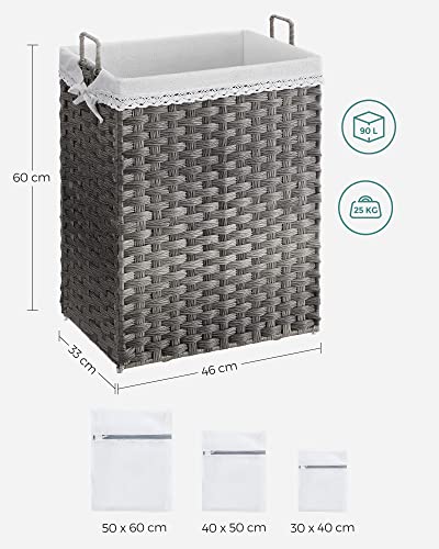 Tøjskurv - 90 liter - Stofopsamler - Aftagelig indre lomme - 2 Vaskposer lavet af stof - Grå