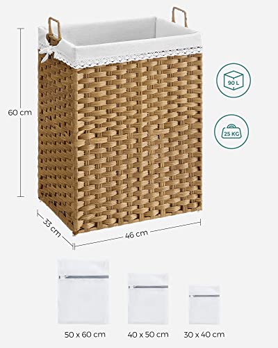 Wasmand - Mand - Geweven - Uitneembare 2 Stoffen Waszakken - 90 L - Naturel