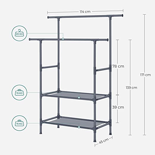 Rack de vêtements - manteau en métal - avec 2 tiges de vêtements - 2 étagères - imposable jusqu'à 70 kg