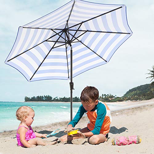 Parasol - Ø 265 cm - Protection solaire - parasol de jardin - avec manivelle - Bleu et blanc rayé