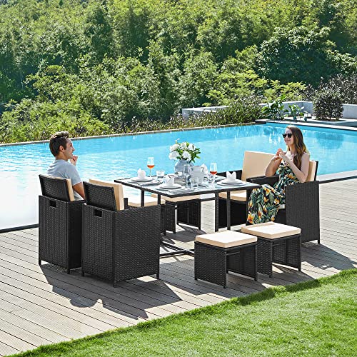 Tuinmeubelset Set van 9 - Polyrattan - Terrasmeubel - Zwart / Beige