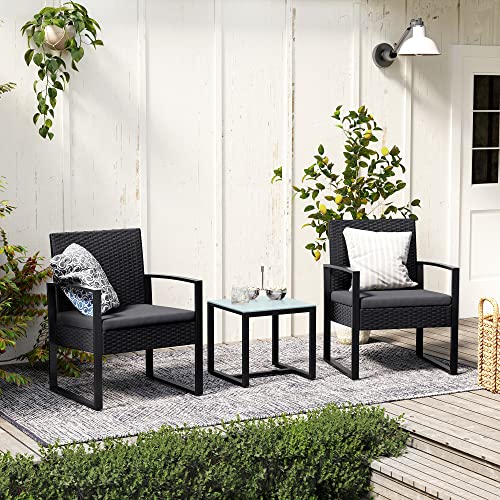 Balkonmeubel - Loungeset - Tuinmeubelset - Set van 3 - 2 stoelen - Glazen tafel - Zwart