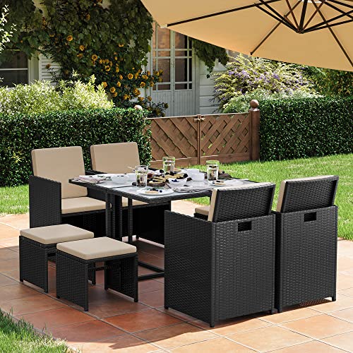 Garden Furniture Set Set of 9 - Polyrattan - Uteplatsmöbler - Svart / beige