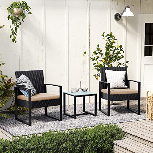 Tuinmeubelset -  van polyrotan - Loungeset - In rotan-look - 2 Stoelen - Met glazen tafel - Zwart