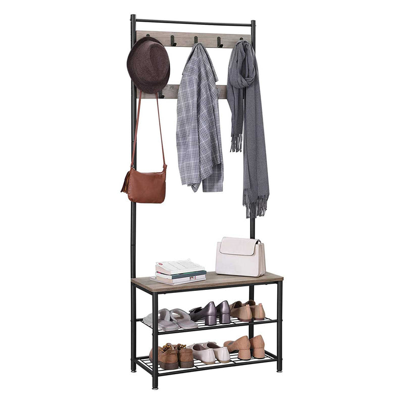 Garderobă Standard - Coat Rack - cu depozitare de încălțăminte - cu scaun - garderobă - gri vintage / negru