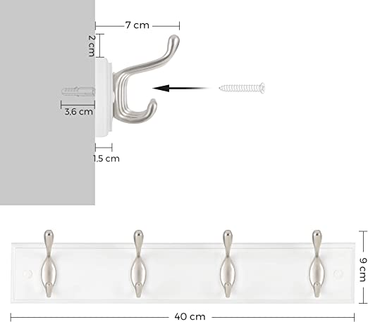 Rack de manteau - Rack de manteau mural - 4 Jashaakes en métal - argent / blanc