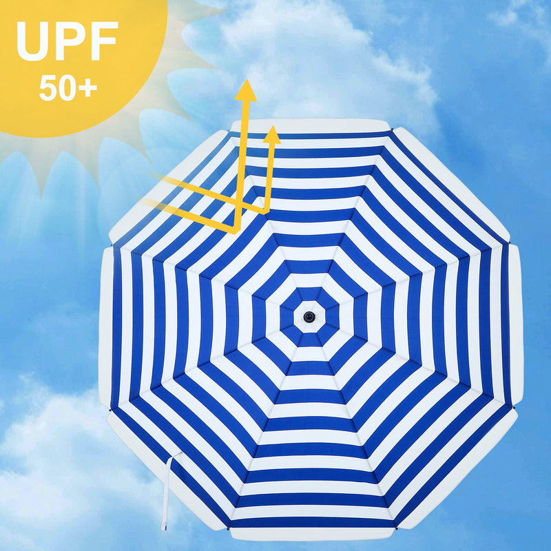 Parasol - för strand - trädgårdsskärm - UV -skydd upp till UPF 50+ - TILTABLE - med bärväska - randig blå, vit