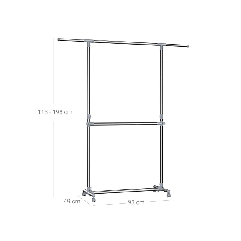 Stand de îmbrăcăminte extensibil cu 2 tije - pe roți - reglabil de la 113 la 198 cm