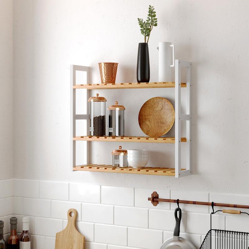 Rack de salle de bain avec étagères réglables - bambou - naturel / blanc