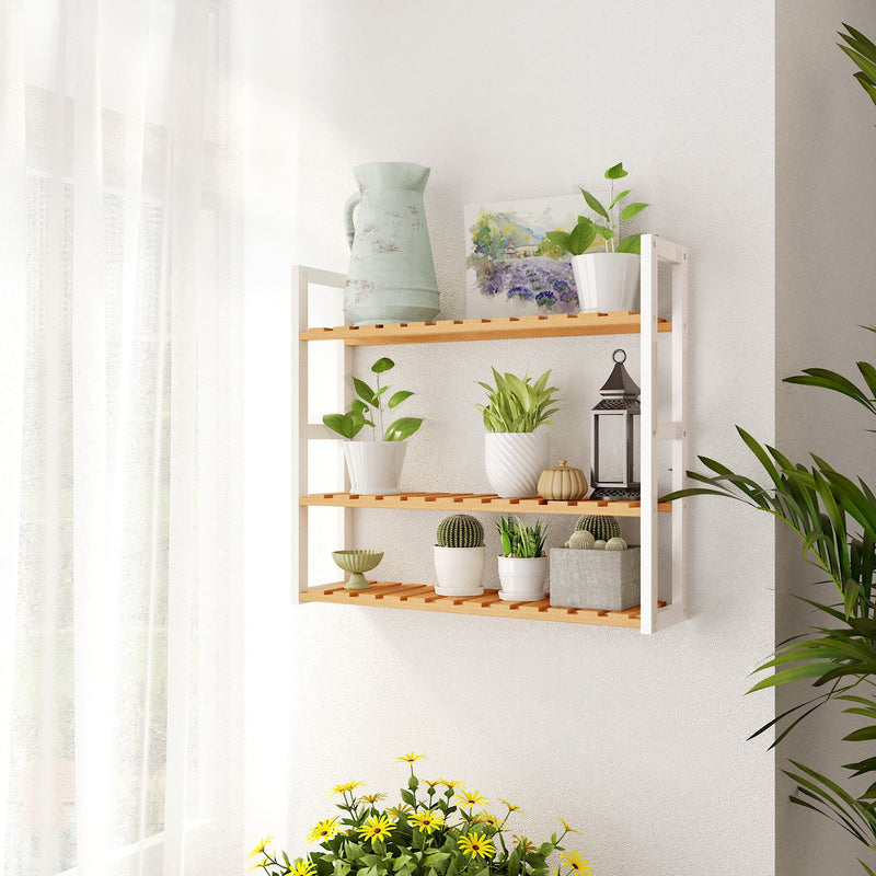 Rack de salle de bain avec étagères réglables - bambou - naturel / blanc