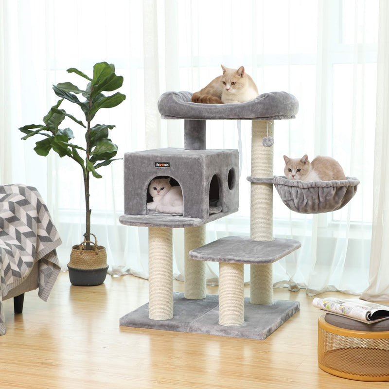 Scratching Post - med plattform - med grott - Cat Sleeping Place - 112 cm - ljusgrå