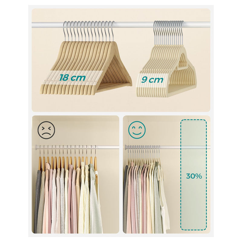 Fluwelen kleerhanger - Kledinghanger - Set van 20 - kleerhanger - Anti-slip - Kleine stang voor dassen - Beige