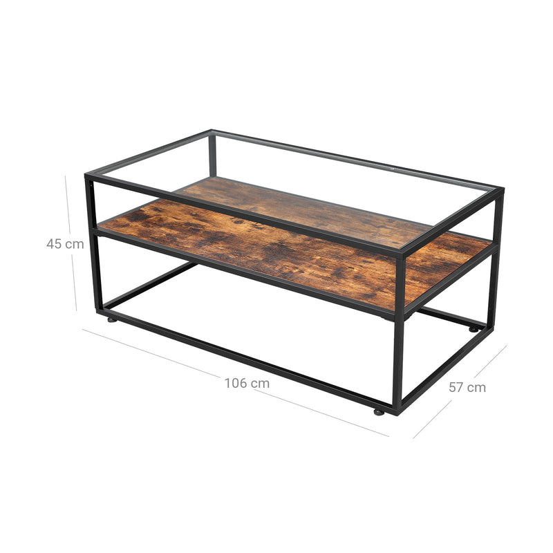 Table basse - table basse avec surface en verre - table en verre - salon - brun vintage / noir