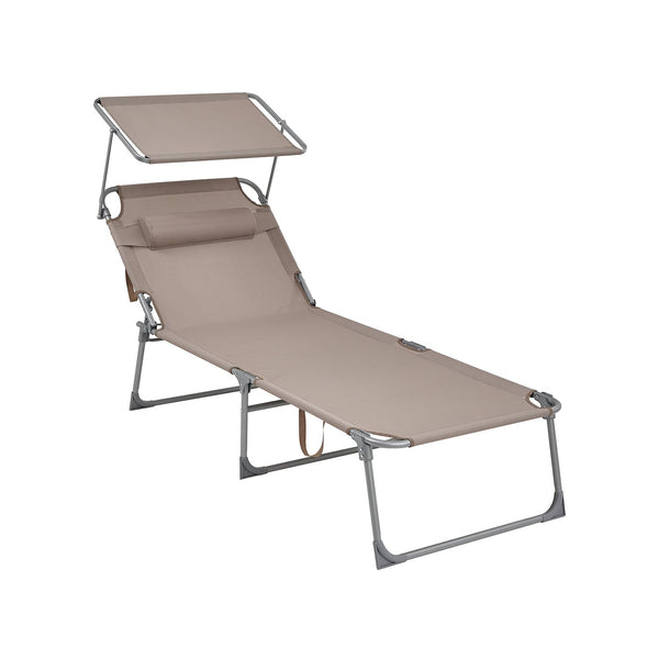 Ligbed - Ligstoel - Loungebed - Strandbed - Met kussen - Met zonnescherm - Taupe