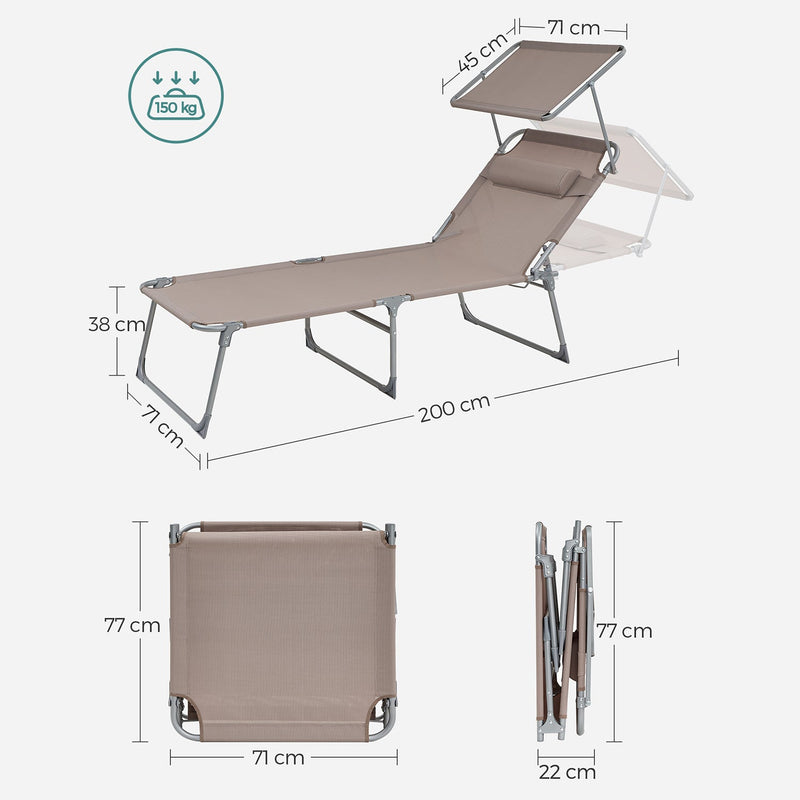 Ligbed - Ligstoel - Loungebed - Strandbed - Met kussen - Met zonnescherm - Taupe