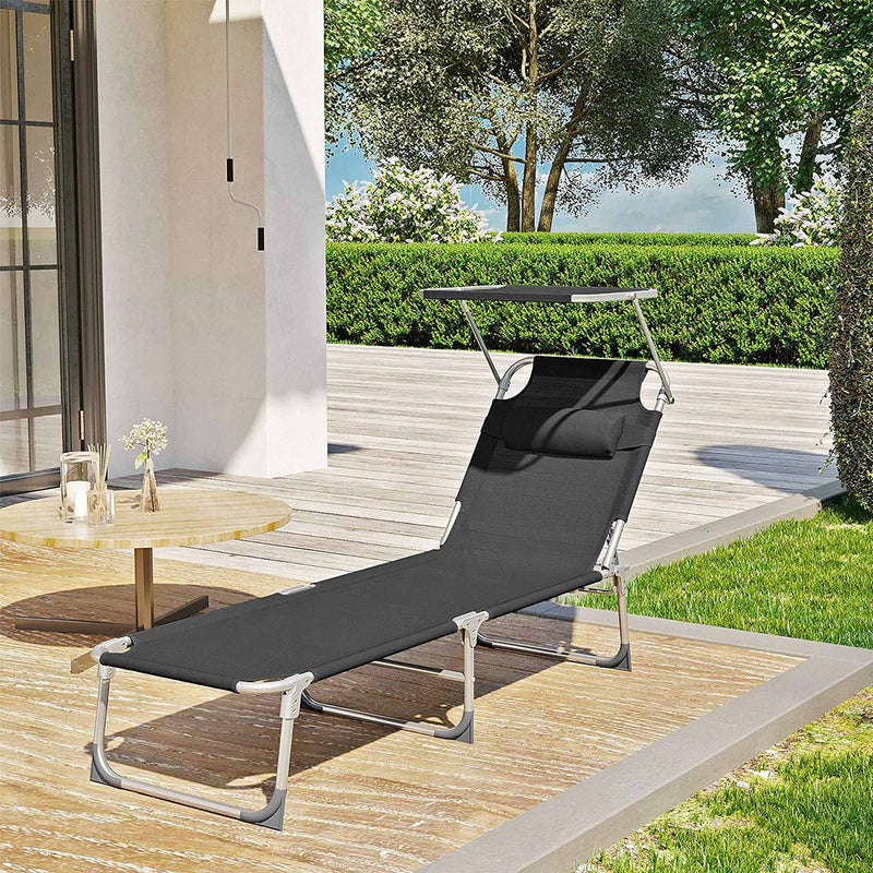 Sunter - Lounger - Loungebed - med nakkestøtte - med Sun Hood - Sort