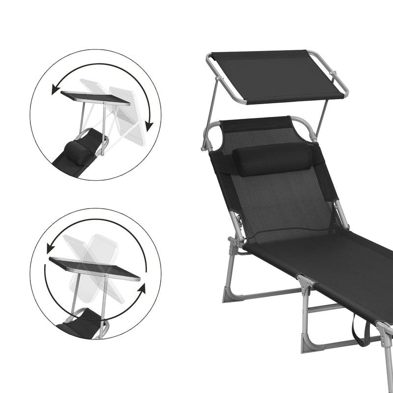 Sunter - Lounger - Loungebed - med nakkestøtte - med Sun Hood - Sort