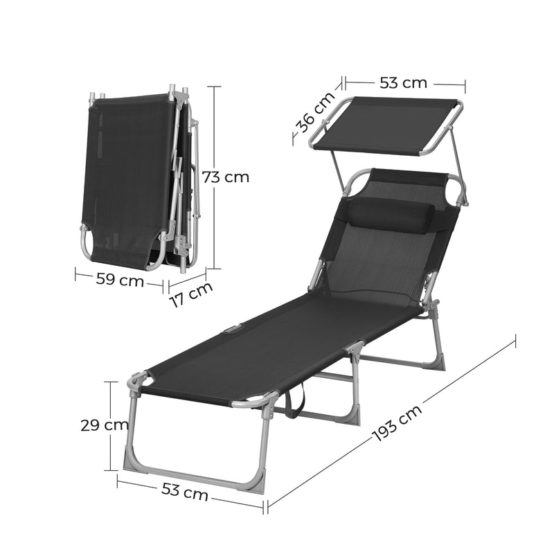 Sunter - Lounger - Loungebed - cu tetiera - cu capotă de soare - negru