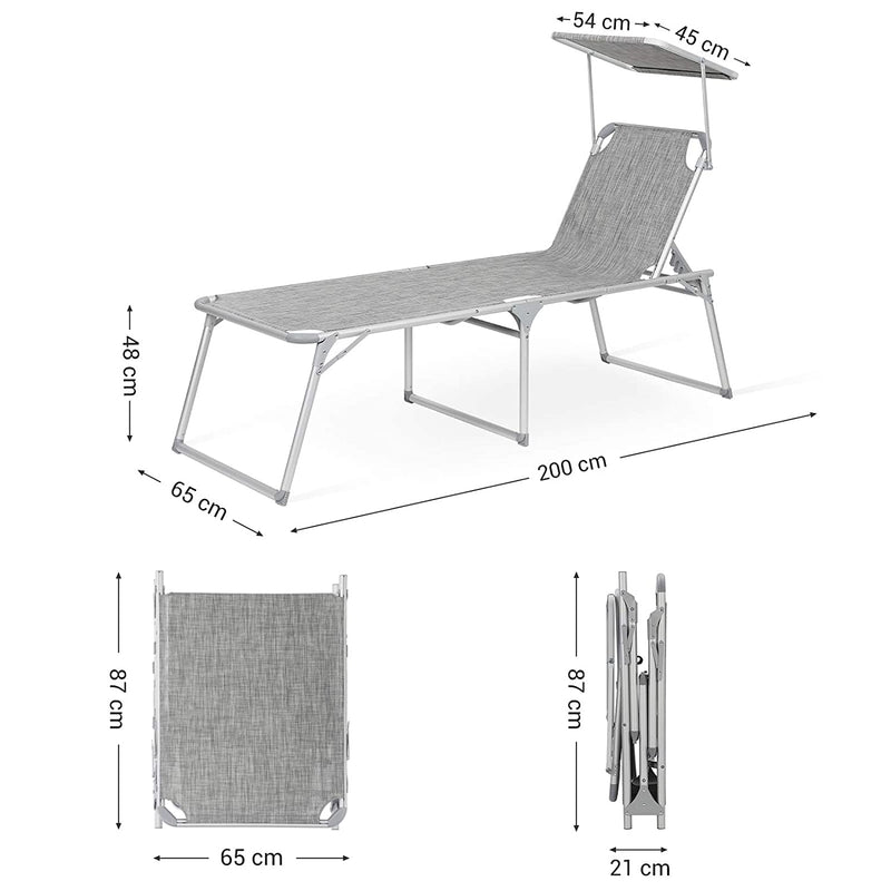 Grande chaise de soleil - Lounger - Lounger - pliable - 65 x 200 x 48 cm - Max. Taxabilité 150 kg - Gray