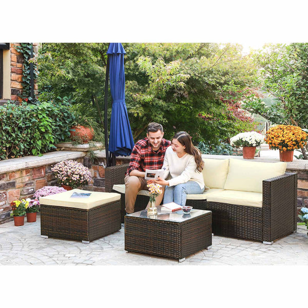 Garden Furniture Set - Lounge Set - Garden Bench - Garden Bord med glas top - Lavet af Polyrotan - Håndvævet - Brun - BEIGE