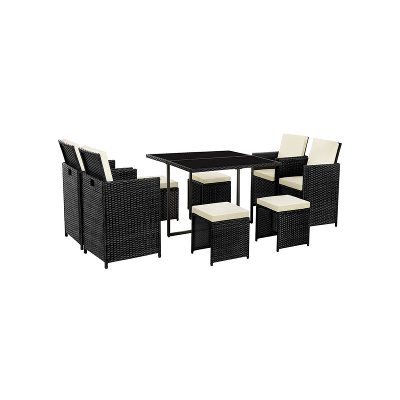 Garden Furniture Set - Van Polyrotan - Lounge Set - In Rattan Look - 2 stolar - med glasbord - svart