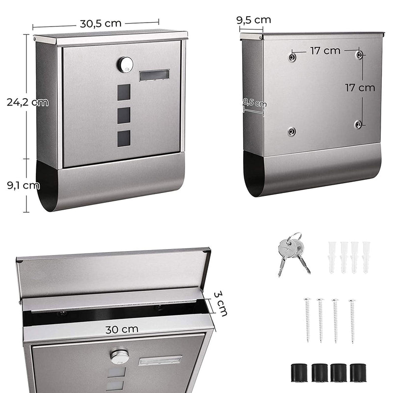 Boîte aux lettres - boîte aux lettres en acier inoxydable - fente avec cylindre à fente de cuivre - argent