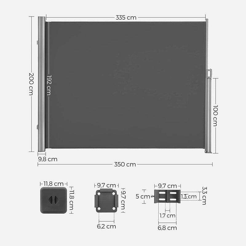 Canopy lateral - ecran de confidențialitate - extensibil - 2 x 3,5 m - cu suportul de podea - gri de ardere