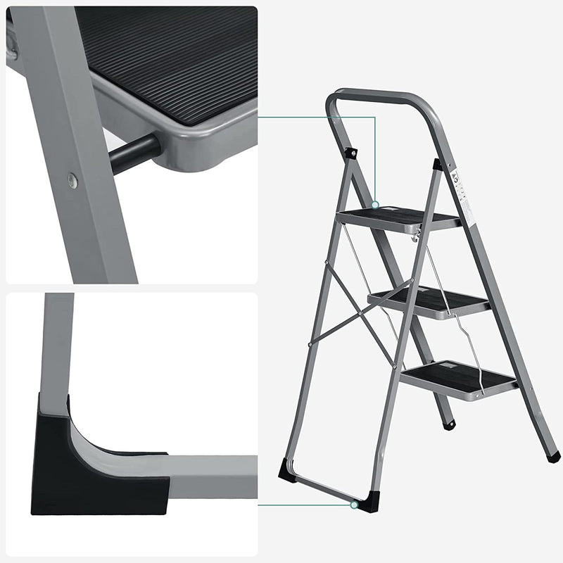 Opstapkrukje - Met 3 treden - Metalen frame - Grijs-zwart