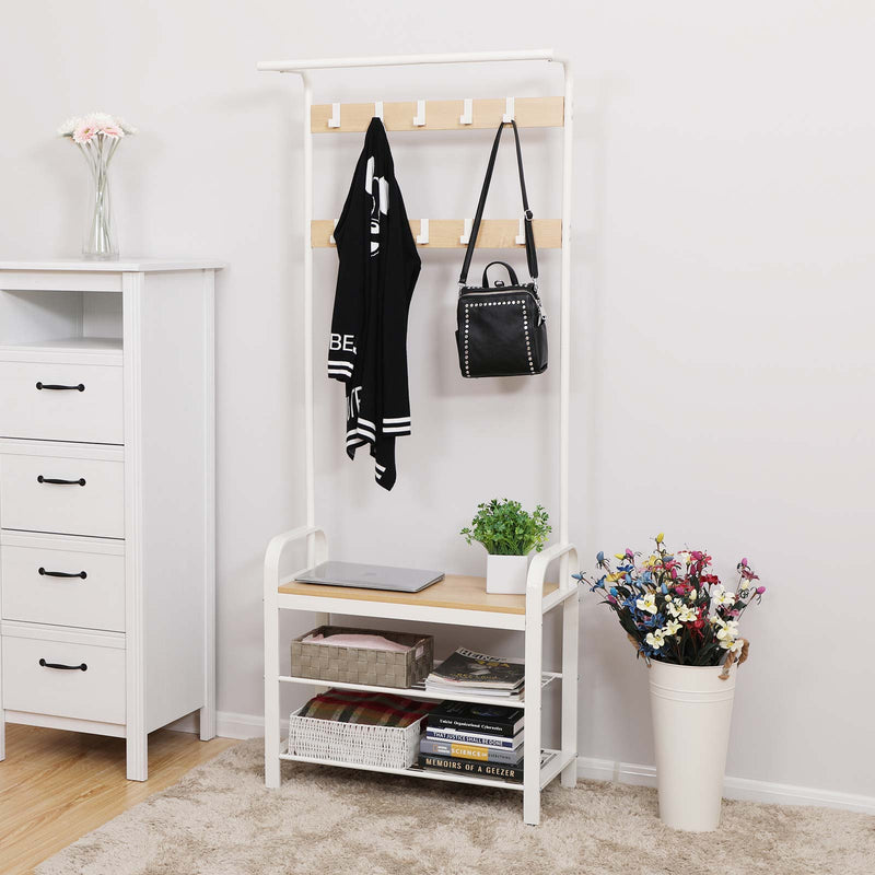 Rack de manteau avec porte-chaussures et banc - Design industriel - blanc / naturel