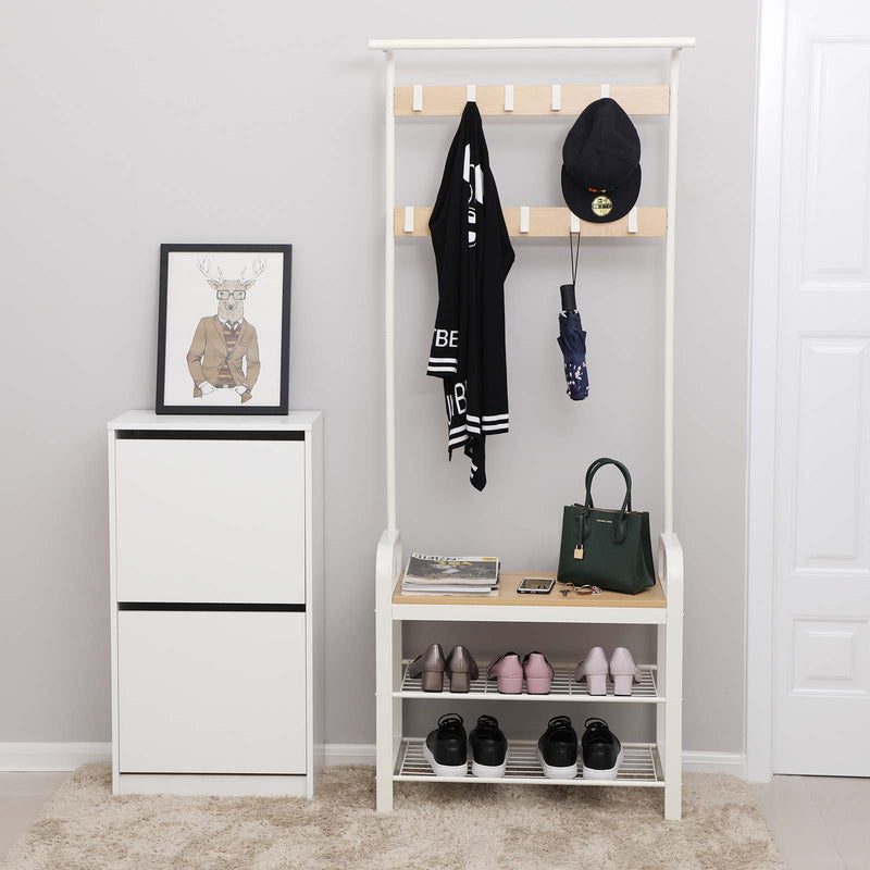 Rack de manteau avec porte-chaussures et banc - Design industriel - blanc / naturel