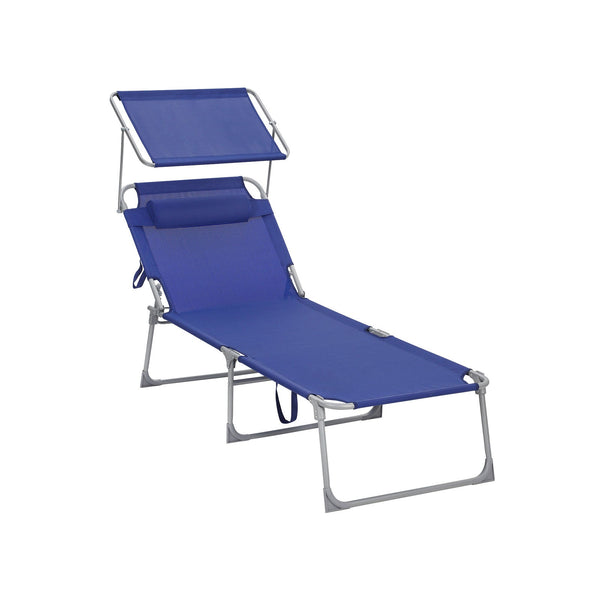 Solstenge - Lounger - Havestol - Ekstra stor - 71 x 200 x 38 cm - Skattepligtig op til 150 kg - med nakkestøtte og baldakin - Justerbar ryglæn - Foldning - Blå