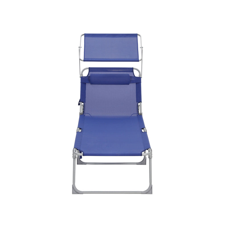 Lit solaire - Lounger - Chaise de jardin - Extra grande - 71 x 200 x 38 cm - calble jusqu'à 150 kg - avec appui-tête et canopée - dossier réglable - pliage - bleu