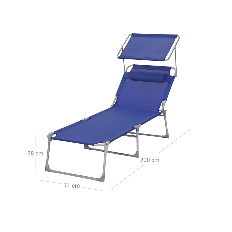 Pat solar - Lounger - Scaun de grădină - Extra mare - 71 x 200 x 38 cm - Calble până la 150 kg - cu tetiera și baldachin - Reglabil Backrest - Pliere - Albastru