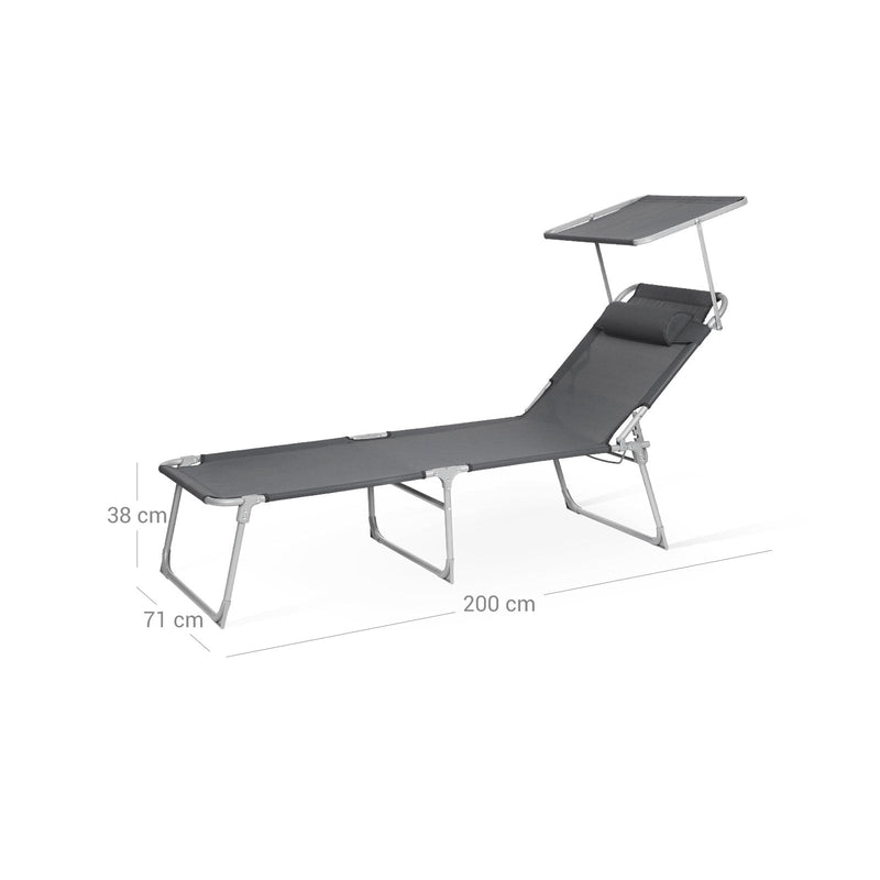 Solstenge - Lounger - Havestol - Ekstra stor - 71 x 200 x 38 cm - Skattepligtig op til 150 kg - med nakkestøtte og baldakin - Grå